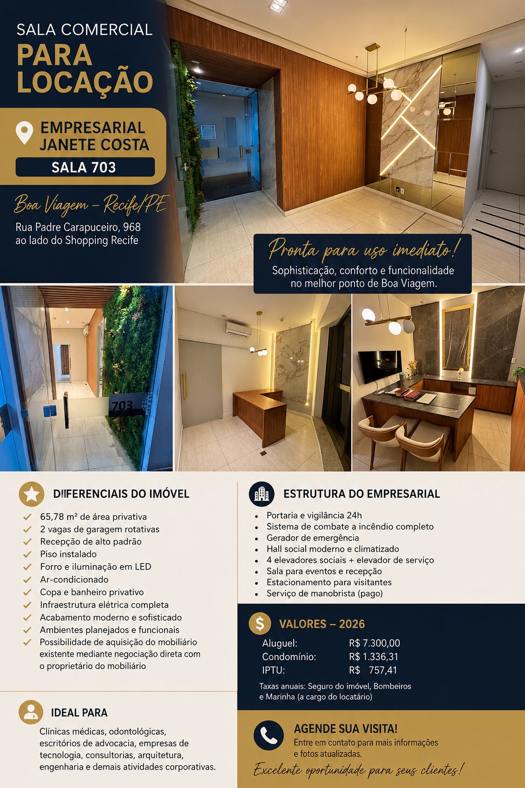 Sala Corporativa 65,78m² - semimobiliada  Locação Emp. Janete Costa - Boa Viagem