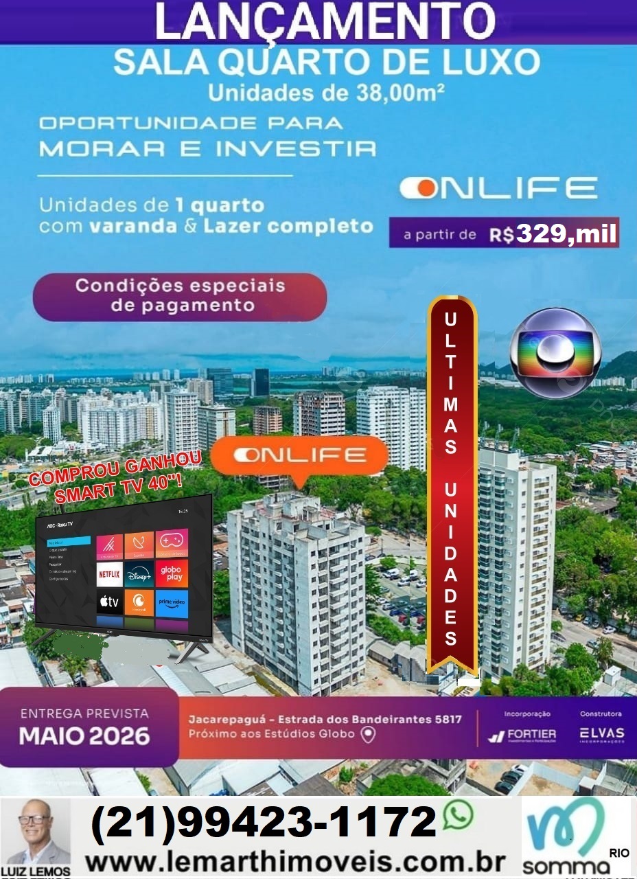 ONLIFE - EST. DOS BANDEIRANTES. SALA E QUARTO COM VARANDA. 38,00m²