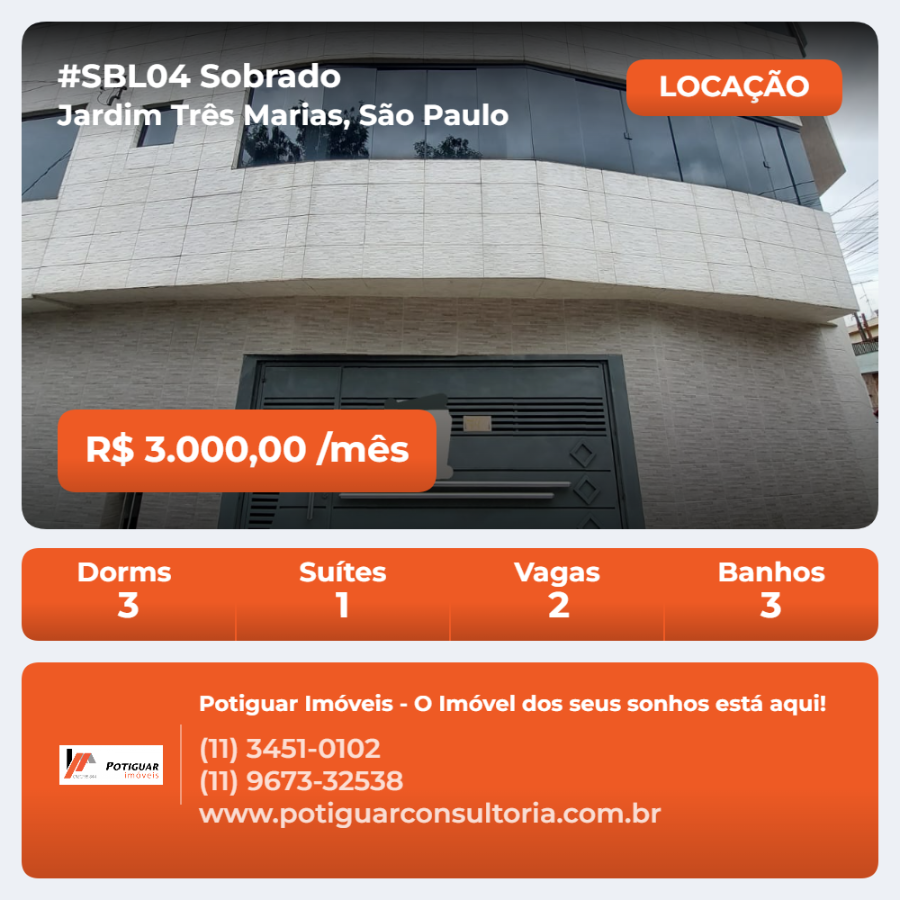 Sobrado de Esquina Novo para Locação no Jardim Três Marias – 3 Quartos, 3 Banheiros e 2 Vagas