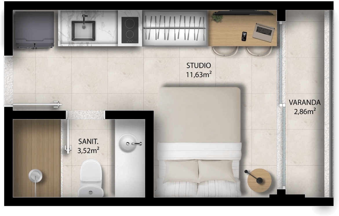 Apartamentos studios com varanda no Rio Vermelho