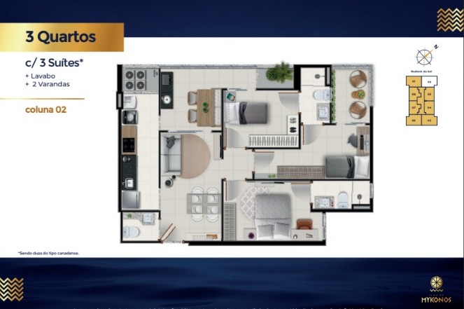 Apartamentos de 02 e 03 Quartos com suíte, no Edifício Ilha de Mykonos