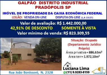 GALPÃO  DISTRITO INDUSTRIAL PRADÓPOLIS SP (42,91%% DE DESCONTO)