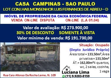 Casa - Venda, Dic I (Conjunto Habitacional Monsenhor Luiz Fernando Abreu), Campinas, SP