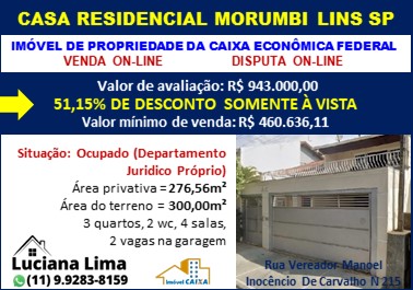 CASA RESIDENCIAL MORUMBI LINS SP (51,15% DE DESCONTO )