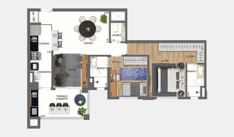 Apartamento de 80,51m² - 02 suítes - 01 vaga de garagem - Unique Green Parque Toronto.