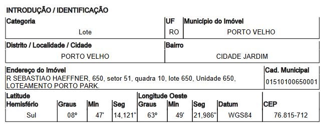 Imóvel selecionado — Terreno no Cidade Jardim, Porto Velho - RO, Nº 650