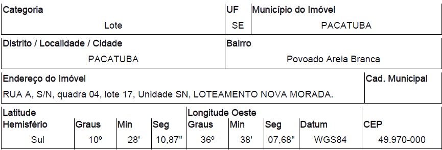 Oferta em destaque — Terreno no Povoado Areia Branca, Pacatuba - SE, Nº 00, 192m²
